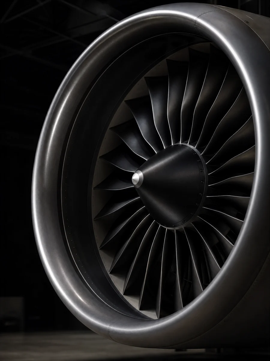 Illustration: the front fan of a jet engine in a dark hangar.