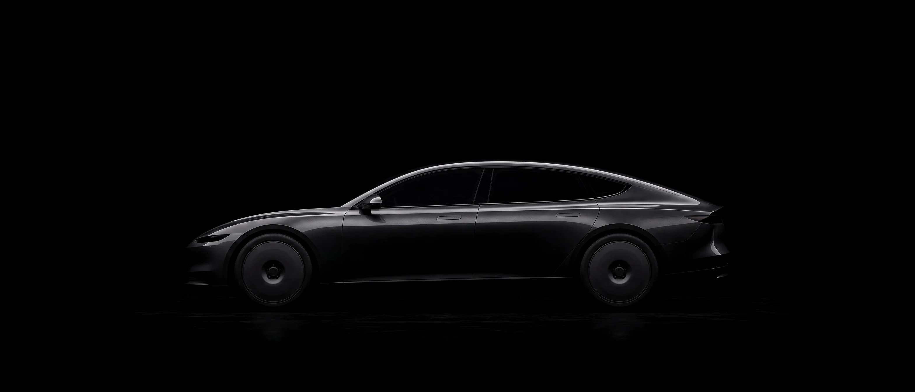 Illustration: a dark electric car in a black studio, seen from the side.